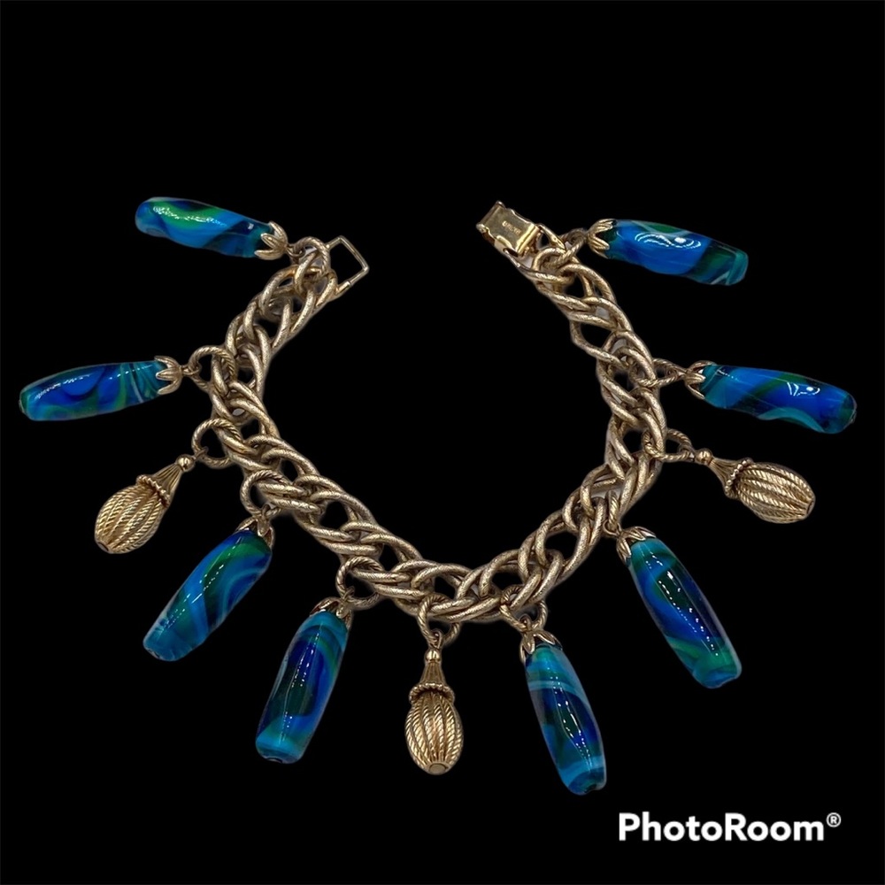 Rare Vintage Napier Swirled Art Glass Charm Bracelet